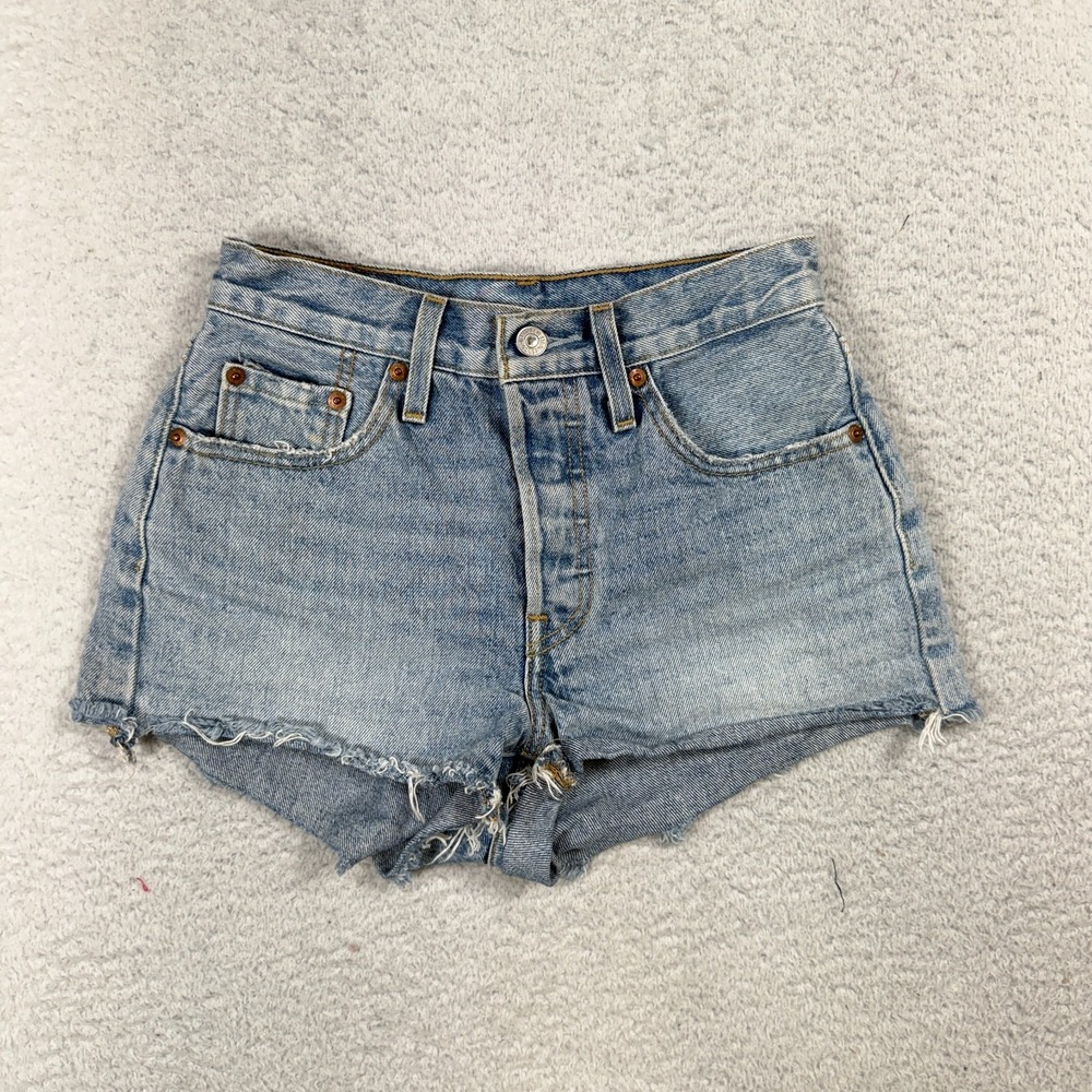 Levis 501 Shorts Womens 24 (Fits W25) Blue Button Fly Stretch Raw Hem Jean